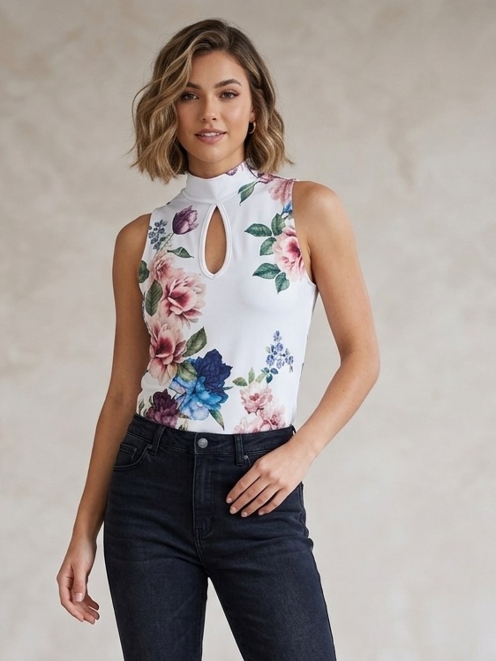 Sleeveless White Floral Keyhole Mock Neck Top